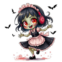 Adorable Zombie Girl in Maid Costume with Headphones, Halloween-Themed Kawaii Cartoon Character
