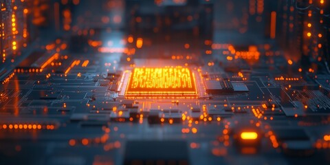 Fototapeta premium Illuminated Microchip on Reflective Surface, Futuristic Tech Equipment in Blurred Background, High-tech Atmosphere, Concept of Innovation