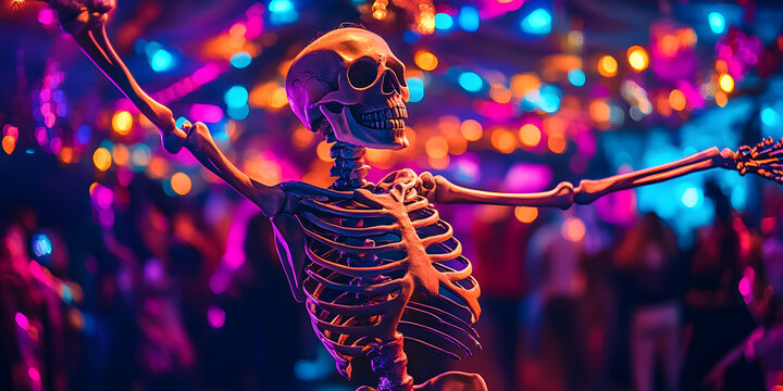 Skeleton dancing at a disco party, copyspace, Halloween, Day of the Dead, humor