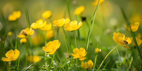 Fototapeta premium Vibrant Yellow Buttercup Flowers in a Lush Meadow