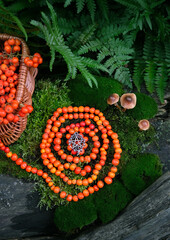 pentacle amulet and protective rowanberry spiral in forest, natural background. Magic ritual,...