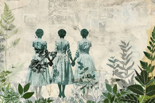 Lesbien women holding hands ephemera border drawing collage plant.