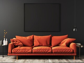 Couch With Blank Wall. Orange Sofa in Modern Interior with Black Mock-Up Wall