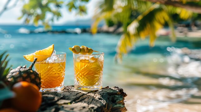 A bright sorghum tropical fruit garnishing and a glasses of jamaican booze juice on the shore