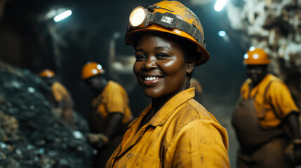 Smiling miner in yellow helmet working in a vibrant underground mine during daylight hours with coworkers in the background