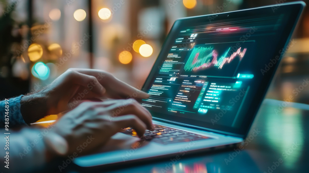 Poster a person interacts with a futuristic interface on a laptop in a modern workspace during early evenin