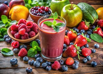 Fresh berries and tropical fruits combine with leafy greens in a refreshing fruit smoothie, perfect for a hot summer day.