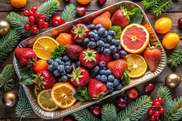 Fresh fruits like strawberries, blueberries, grapes, and oranges arranged in a festive pattern on a Christmas-themed tray for a colorful treat.