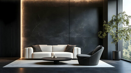 Modern Living Room Interior Design with Black Marble Wall and White Sofa