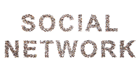 Concept or conceptual large community of people forming the SOCIAL NETWORK  message. 3d illustration metaphor for social media, online, business, technology, communication, connection and global