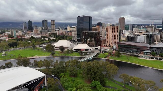 This drone shot tracks around the River Torrens showing the Adelaide Riverbank precinct. The video provides a stunning view of the Adelaide City skyline and is a great establishing shot for a story.
