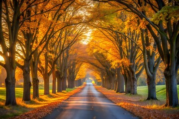 Fototapeta premium A serene autumn road lined with trees, displaying fallen leaves, leading into a distant, softly illuminated horizon.