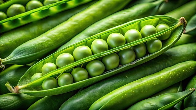 Freshly picked green peapod yields to reveal succulent peas bursting through its tender, slightly opened petals like a tiny, edible surprise.