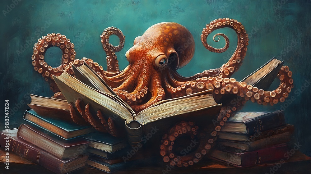 Poster an octopus reads a book while sitting on a stack of books.