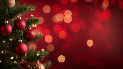 christmas tree with ornaments and bokeh lights in red background