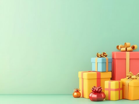 Colorful gift boxes stacked on a mint green background, perfect for celebrations and festive occasions.