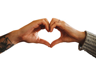 Hands forming a heart shape. Heart shaped hands and fingers. Representing themes such as tenderness, peace, loyalty. Transparent background PNG. Premium pen tool cutout.
