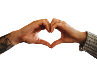Hands forming a heart shape. Heart shaped hands and fingers. Representing themes such as tenderness, peace, loyalty. Transparent background PNG. Premium pen tool cutout.