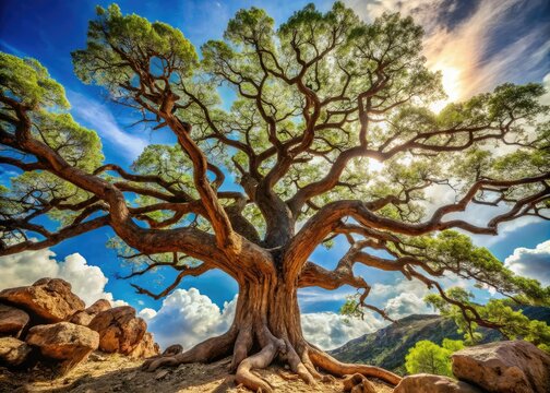 Gnarled branches stretch towards the heavens, embodying the spirit of unyielding strength, as the rugged tree stands tall against the whims of nature's will.