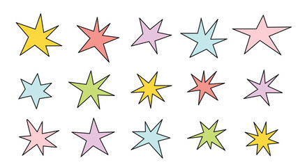 Obraz premium Background with bright colorful stars. Doodle style. Simple flat vector illustration. Horizontal banner or poster. Star stickers.