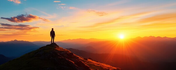 A figure standing on a hilltop under a rising sun, gazing at a clear horizon, symbolizing hope and a visionary new beginning new beginnings, hope vision