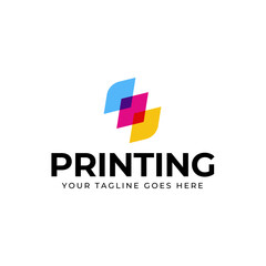 Printing company logo design with color paper symbol on cyan, magenta, yellow, and color.