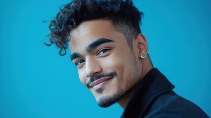 Fototapeta premium Confident Young Man with Curly Hair Posing on Blue Background