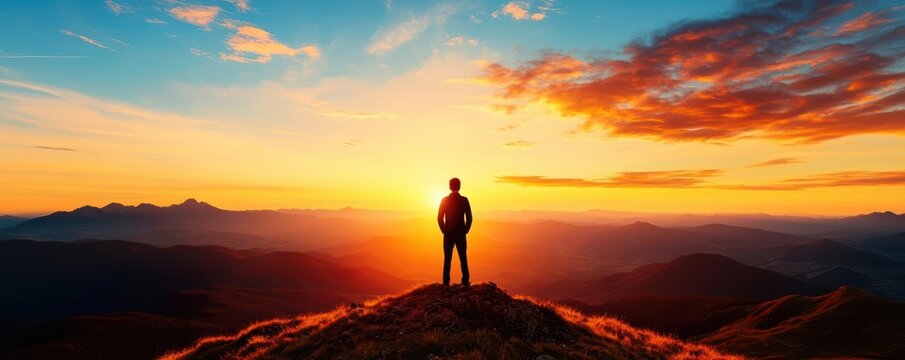 A figure standing on a hilltop under a rising sun, gazing at a clear horizon, symbolizing hope and a visionary new beginning new beginnings, hope vision