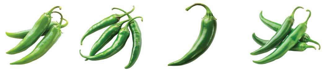 Fresh green chilies arranged artistically on a white backdrop, on the Transparent background, PNG Format