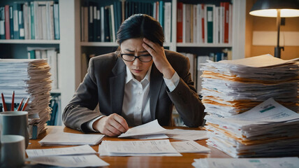 Tired overwhelmed Japanese woman in office surrounded by paperwork and pile of documents on desk. Job burnout, exhaustion and overtime work