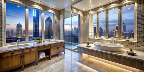 Obraz premium Elegant Dubai Bathroom with Chandelier and Marble Vanity