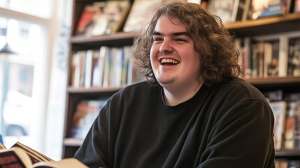 Fototapeta premium Smiling Young Man Reading Book in Library Setting