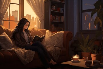 A young girl with a book in one hand and a cup of coffee in the other, lounging on a comfortable armchair in a stylish living room. The room is decorated