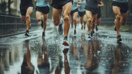 Determined Marathon Runners Braving Rain on City Street