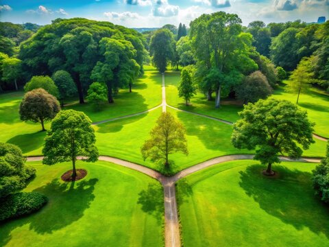 Lush green field with intersecting paths and towering trees in a well-maintained park setting