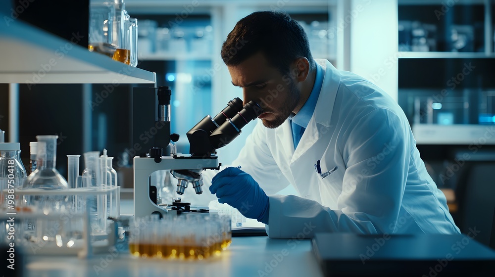 Poster a scientist looking through a microscope in a lab