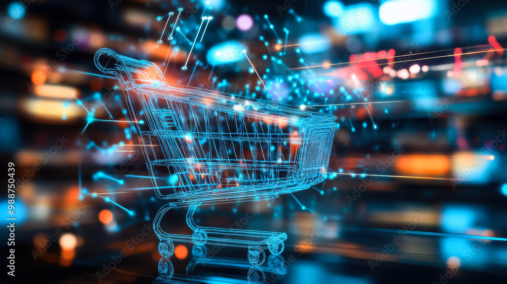 Poster Digital shopping cart illuminated with vibrant data connections in a tech-inspired virtual shopping environment