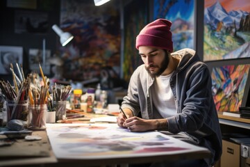 Fototapeta premium A young man in a creative studio environment, wearing a casual shirt and beanie, writes in a sketchbook with a pen. The background is filled