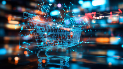 Digital shopping cart illuminated with vibrant data connections in a tech-inspired virtual shopping environment