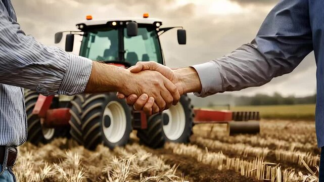 Farmers shaking hands in front of a tractor in a rural field, symbolizing agricultural partnership, cooperation, and farming business agreements.

