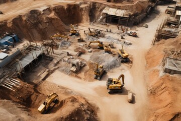 Fototapeta premium An aerial view of a large construction site with various stages of building, including excavated land, construction cranes, and stacked building materials