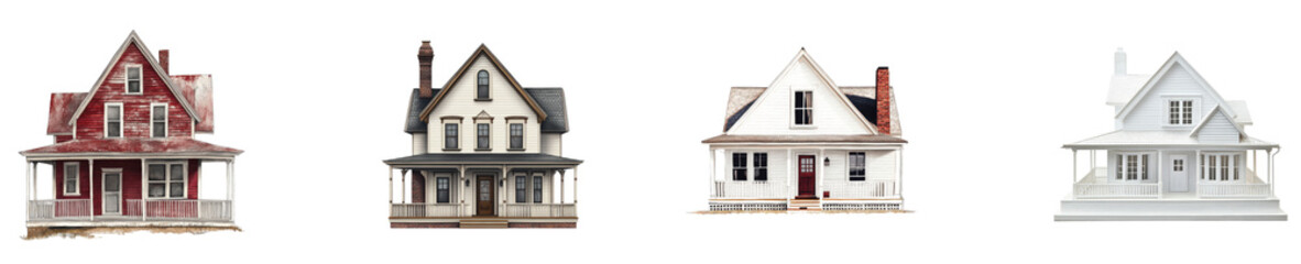 Obraz premium Victorian houses PNG icons, detailed vintage home exteriors, red gray white architecture for real estate and UI design isolated PNG with Transparent Background