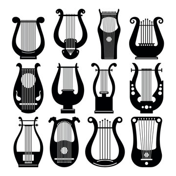Lyre silhouette stencil templates kithara cliparts hand drawn vector illustration