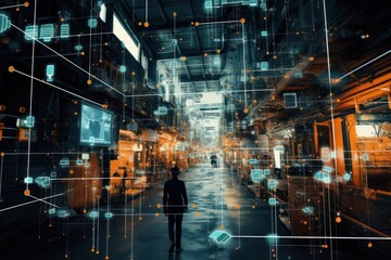 An autonomous robot navigating a complex industrial environment, with data overlays