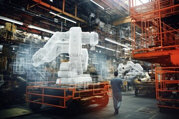 An autonomous robot navigating a complex industrial environment, with data overlays