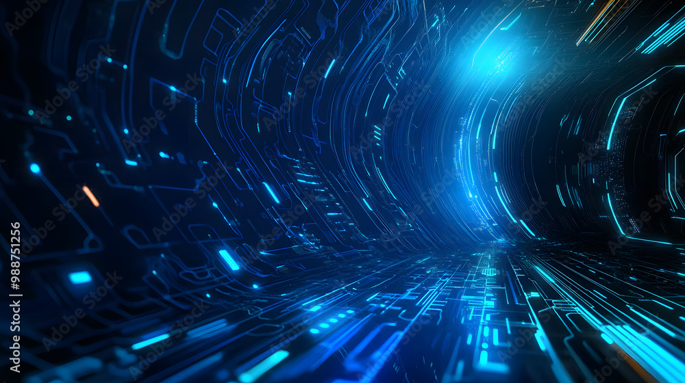 Poster Futuristic representation of quantum computer technologies with a blue circuit board design showcasing modern technology and wave patterns on the right side