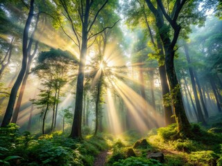 Obraz premium Misted forests emanate an otherworldly aura as sunlight distills through the canopy, casting a mystical veil around ancient trees, beckoning wanderers to explore.