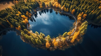 Fototapeta premium Autumnal Forest Encircling a Serene Lake
