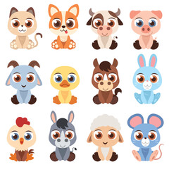 Vector illustration of Cartoon Cute Farm Animals Sit Character Set