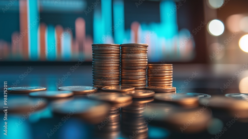 Poster stacks of coins on a reflective surface with financial graphs lit by soft lights in the background a